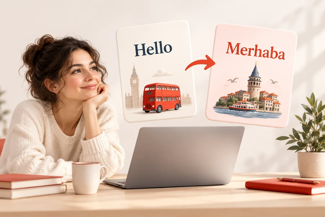 Türkçe açıklamalarla İngilizce öğrenme kartları