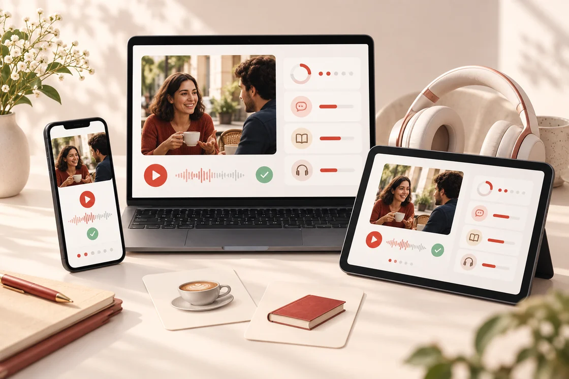 Bilgisayar, tablet ve telefonda dil dersleri, kulaklık ve kelime kartları
